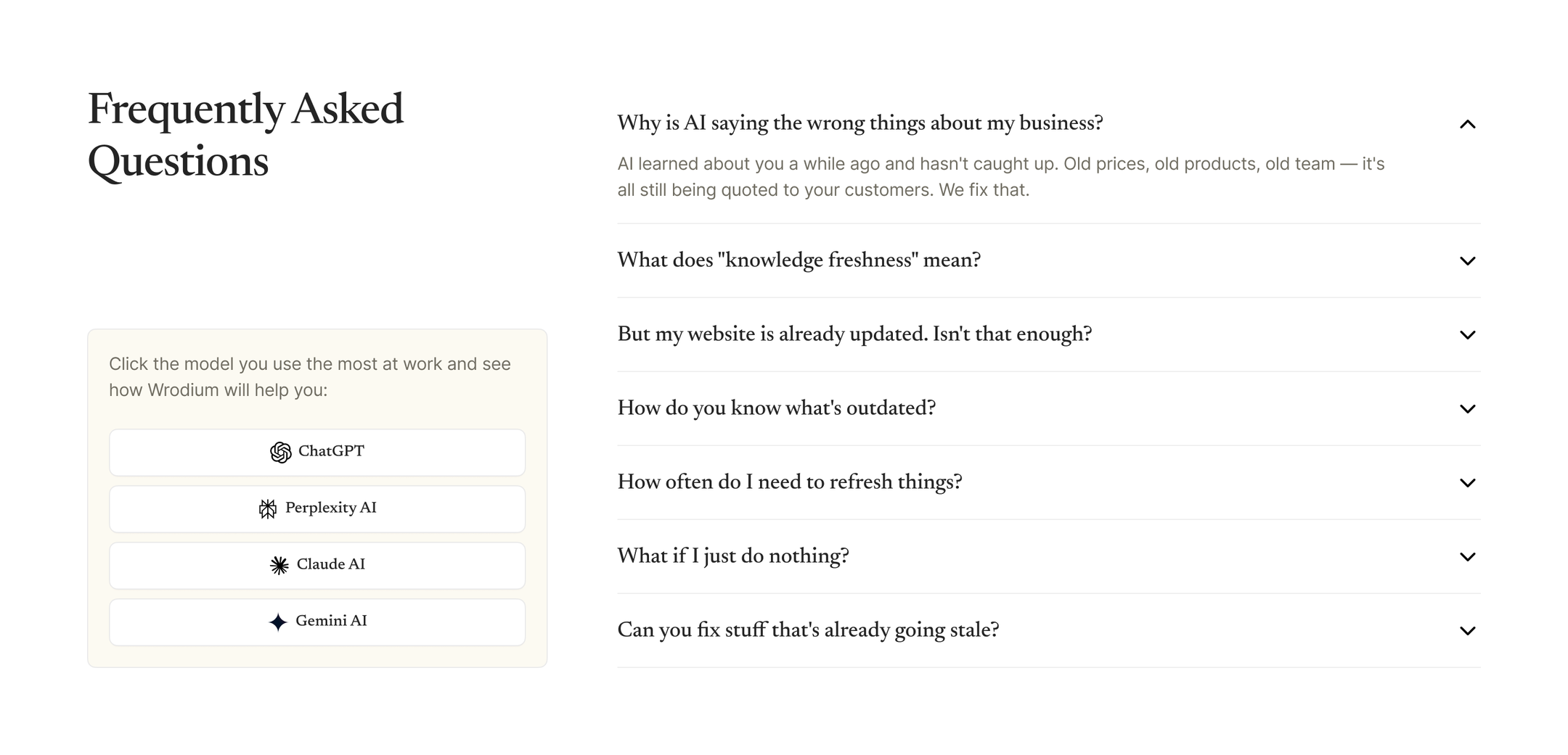 Frequently Asked Questions about Wrodium and AI knowledge freshness.